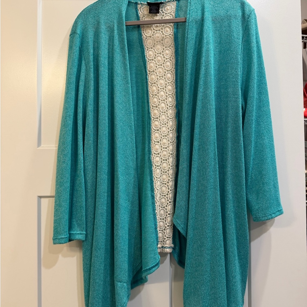 Rue21 Teal Open-Front Draped Cardigan with white lace on back size small